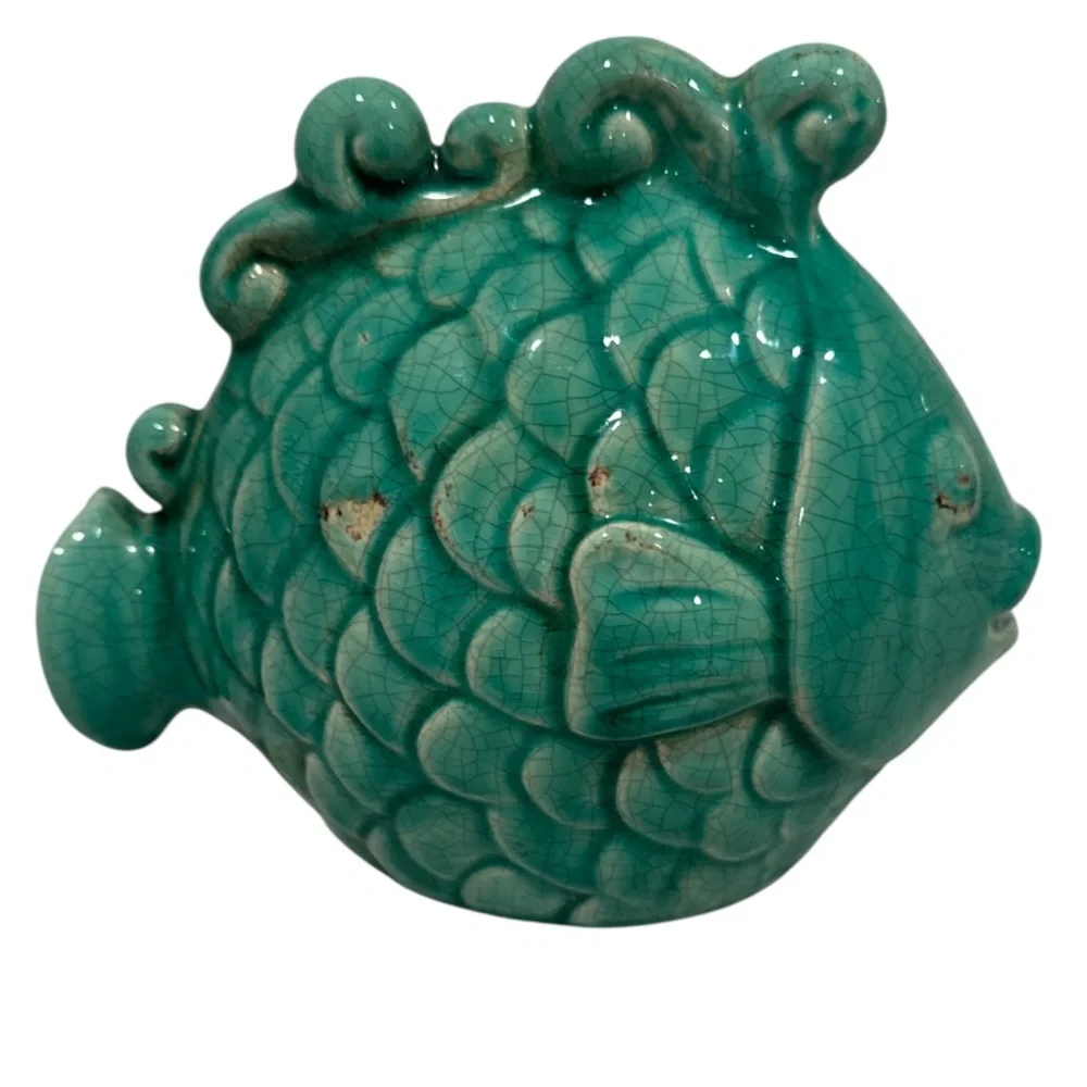 Tozai Home Turquoise Ceramic Fish with Crackle & Distessed Detail